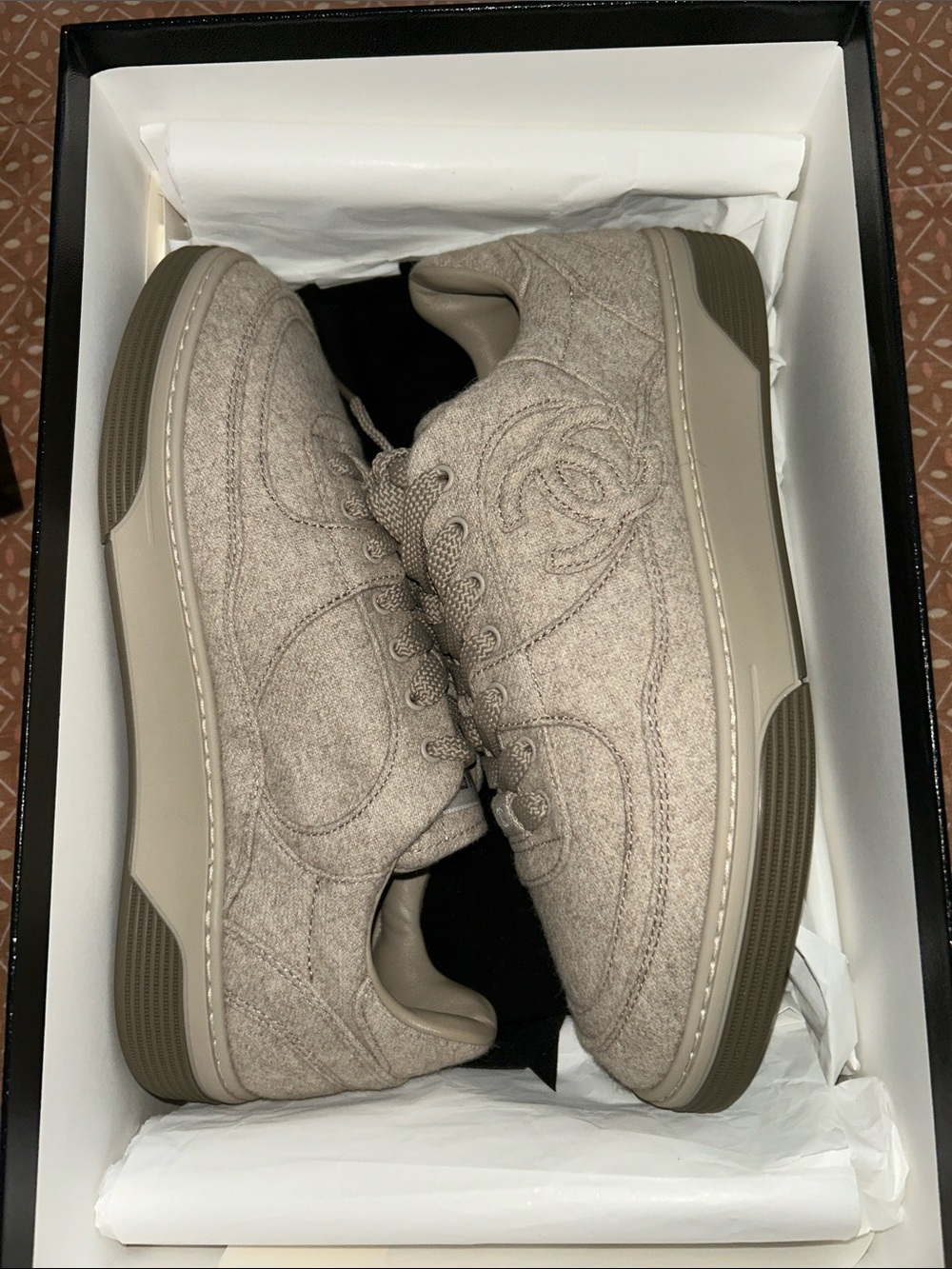 CHANEL Wool Quilted Low-Top Sneakers in Taupe